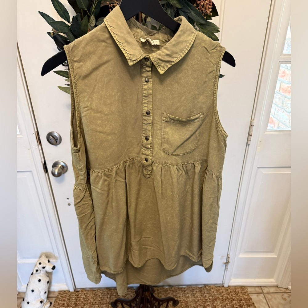 Umgee Boho Stonewashed Olive Green Soft Sleeveless Popover Top L Oversized